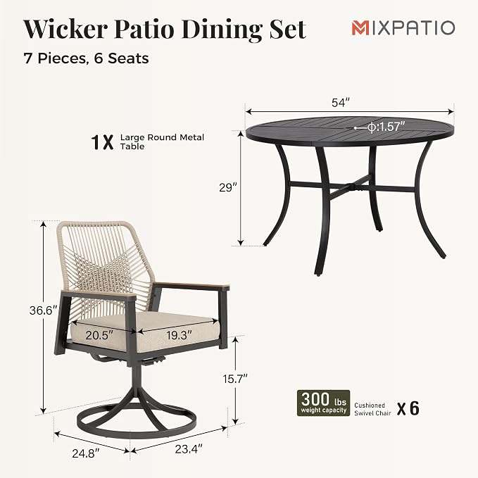 MIXPATIO 7 Pieces Outdoor Patio Dining Set, Wicker Patio Table and Chairs Set of 6, Swivel Wicker Chairs with 3.2" Cushion and 54" Round Table for Yard, Porch, Beige