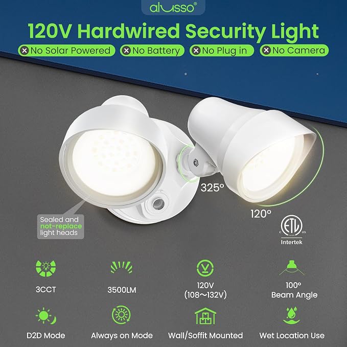 ALUSSO Dusk to Dawn Outdoor Lighting, 30W 3500LM Dusk Till Dawn Outdoor Light 120V, 3000K/4000K/6500K 3CCT IP65 Security Lights ETL Listed Dusk to Dawn Hardwired for House Yard Walkway White 1 Pack