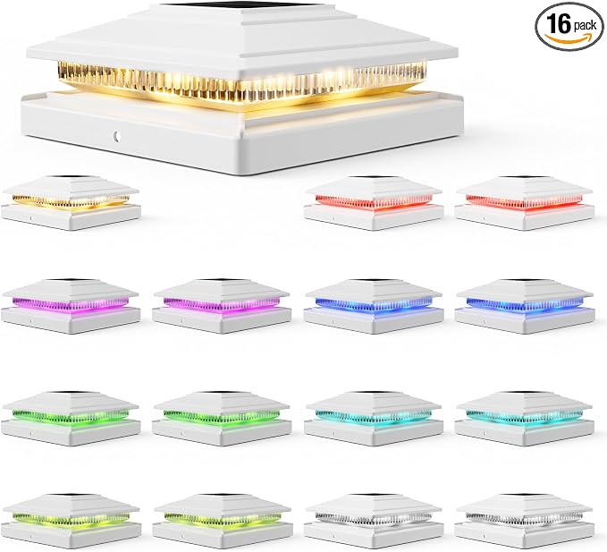 Solar Post Cap Lights Outdoor 16pack, Waterproof Fence Post Solar Lights for 4x4 5x5 6x6 Wood/Vinyl Posts, White Deck Post Lights with 8 Color Modes Decorate Garden Patio Porch Backyard