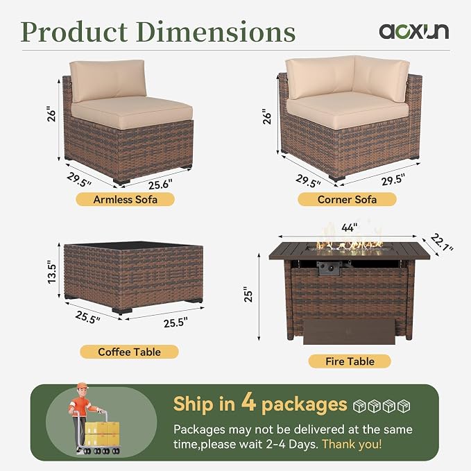 Aoxun 11 Piece Patio Furniture Set with 44” Fire Pit Table Wicker Rattan Outdoor Sectional Sofa Set with Coffee Table and Thickened Cushions, Beige