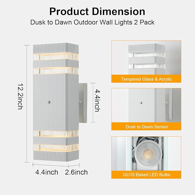 Dusk to Dawn Outdoor Wall Lights 2 Pack, White Up and Down Exterior Wall Light Fixture Outdoor Lights for House Hallway Garage Entryway
