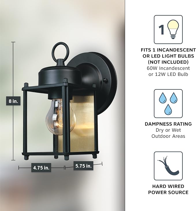 DESIGNERS FOUNTAIN Preston Outdoor Light Fixture, 8 Inch Exterior Wall Lantern Sconce for Front Door, Patio and Porch, Black, 1161-BK (Pack of 6)