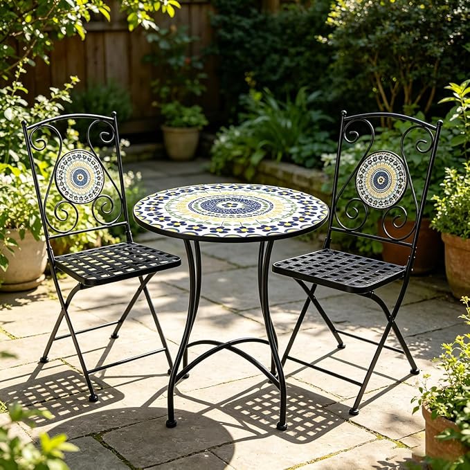 3 Piece Bistro Sets Mosaic Tile Round Table Folding Chairs Garden | Set of 3 Patio Furniture 23.6" Table and 2 Chairs Outdoor Bistro Chairs Artistic Table for Balcony Porch Apartment Backyard