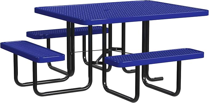 Leisure Craft Metal Picnic Table with Bench - 46" Square Outdoor Dining Table with Umbrella Hole, Heavy Duty Thermoplastic Coating, ADA Compliant, Commercial Grade Furniture Made in USA - Navy