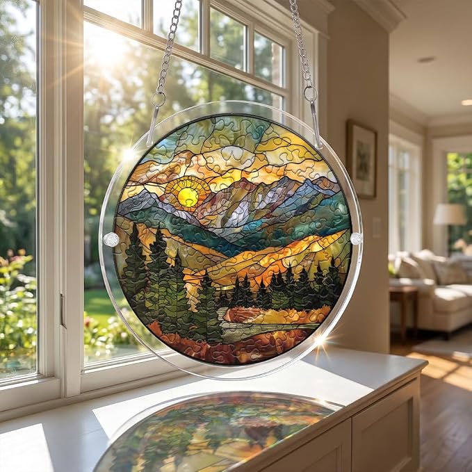 Acrylic Puzzle Suncatcher, Mountain Stained Glass Window Hanging, Sun Catcher Puzzle Kit Home Garden Decor, Creative Mothers Day and Birthdays Gifts for Mom, Wife, Sisters, 7.87 inch