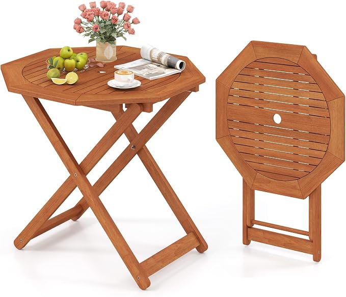 HAPPYGRILL Outdoor Patio Wood Dining Table for 4, Octagon Folding Bistro Table with 2" Umbrella Hole for Garden, Porch and Backyard, No Assembly Required (1)