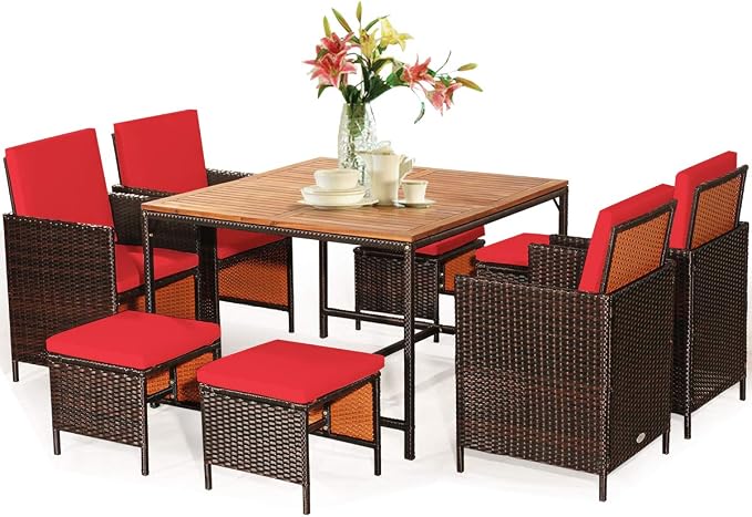 Tangkula 9 Pieces Acacia Wood Patio Dining Set, Space Saving Wicker Chairs and Wood Table with Umbrella Hole Outdoor Furniture Set, Suitable for Garden, Yard, Poolside, Outdoor Seating Set