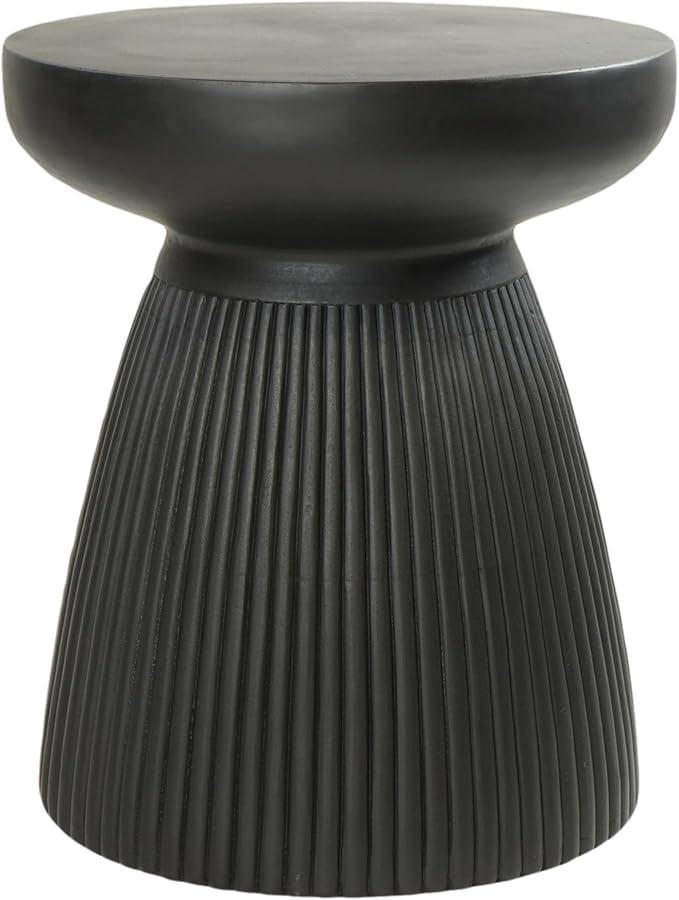 Christopher Knight Home Round Side Table, Outdoor Concrete End Table, Vertical Texture Accent Table, Decorative Side Table, Stylish End Table for Patio Balcony Beach Pool Side, Matte Black
