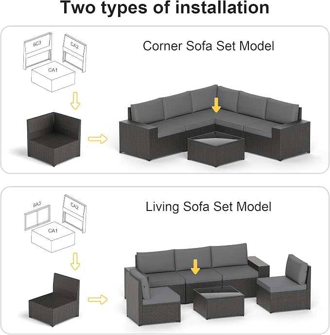 Patio Furniture Set with Fire Pit Table, 7PCS Outdoor Conversation Sets Waterproof Rattan Sectional Sofa with 4” Thickened Cushion Modular Wicker Patio Furniture Set with Glass Top Table (Grey)
