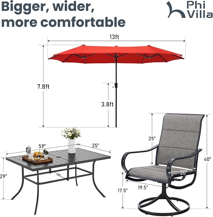 PHI VILLA 8 Piece Outdoor Dining Set with 13ft Patio Umbrella (Orange Red), 6 Patio Padded Swivel Dining Chairs & 1 Large Metal Dining Table for Lawn Garden Backyard (No Umbrella Base)