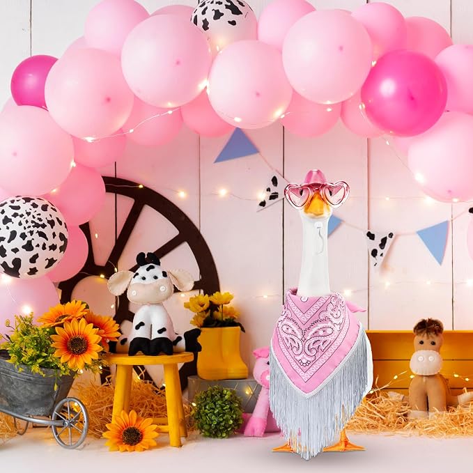 Disco Cowgirl Porch Goose Outfit 23" Cement Goose Statue Fringe Bandana Sunglasses for Summer Lawn Desk Patio Yard (Pink)