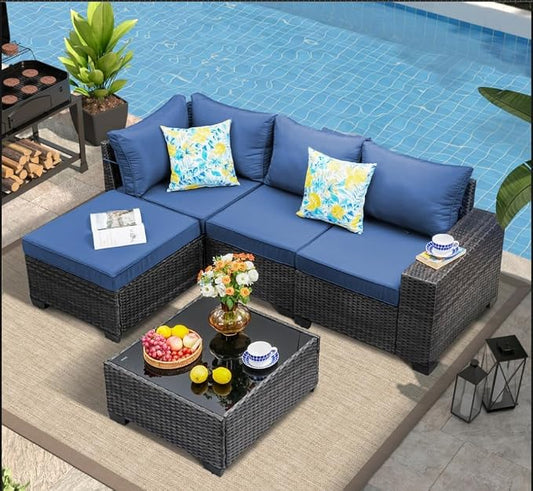 5 Pieces Patio Furniture Set, Wicker Outdoor Conversation Sets with Tea Table, Rattan Patio Sofa with Thick Cushions for Garden, Backyard Porch, Poolside, Patry, Navy