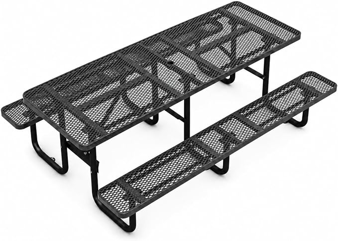 8FT Commercial Outdoor Metal Picnic Table with Umbrella Hole, Heavy-Duty Steel Patio Table & Benches, Seats 8-10 Adults, Weatherproof for Parks, Schools, Campgrounds & Backyards (Black)