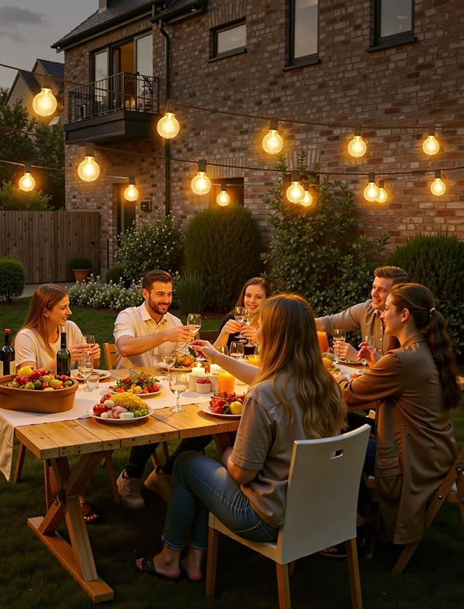 100FT(4x25FT) Solar String Lights with Remote, 43 G40 Bulbs, Black | Solar Powered, Dusk to Dawn, Dimmable, Timer, Memory Function, LED Globe Hanging Lights for Fence Camping Porch