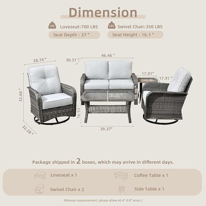 CAODOC 5 Pieces Patio Furniture Set,Outdoor Furniture with Rockers, Rattan Conversation Sets w/Coffee Table, Grey Wicker Light Grey Cushion