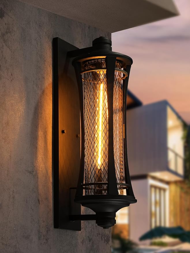 LEONLITE Large 21 Inch Outdoor Wall Lights, Classical Style Wall Lantern, Max 60W E26 Base, Vintage Grid Exterior Light Fixtures Wall Mount, Porch Light, Wall Sconce for Patio Garage, Black