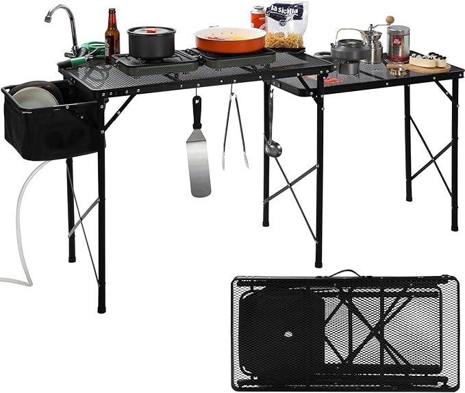 REDCAMP Lightweight Portable Camping Kitchen Table with Sink, Metal Folding Grill Table Cooking Station with Hooks for Outdoor, BBQ, Party and Picnic(Faucet/Sprayer Included)