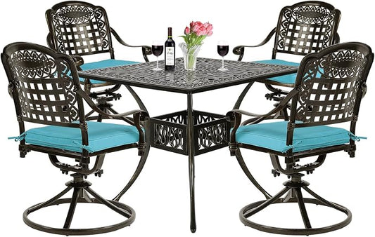 VIVIJASON 5-Piece Outdoor Patio Dining Set, All-Weather Cast Aluminum Conversation Set, Patio Furniture Set Include 4 Swivel Cushioned Chairs, 1 Square Table w/Umbrella Hole, Ocean Blue Cushion