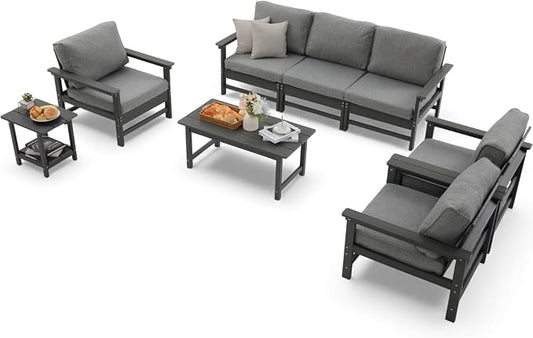 HDPE Outdoor Patio Furniture Set, 8-Piece Sofa Set with 3-Seat Couch, 3 Armchairs,Side Table & Coffee Table, Weatherproof Conversation Set with Cushions,for Garden, Porch & Backyard