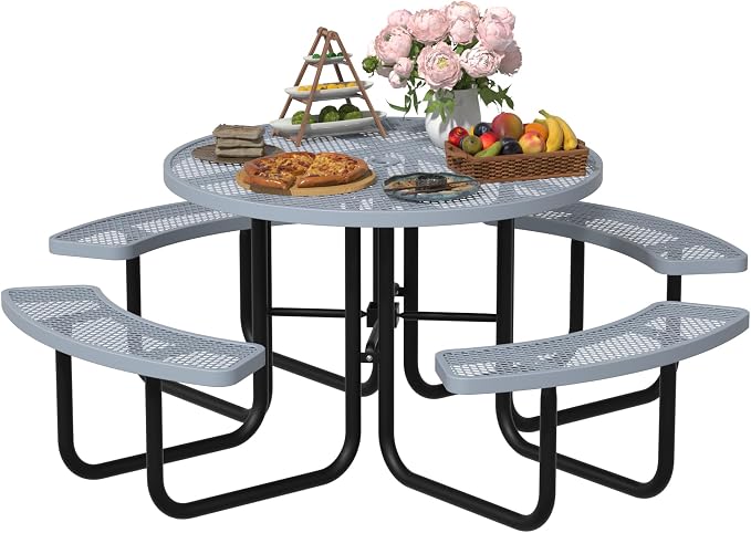 All-Weather Round Outdoor Picnic Table, Commercial Picnic Table Bench Set with Umbrella Hole, Thermoplastic Coated Metal Dining Tables for School, Stores, Park, Patio, Yard, Grey