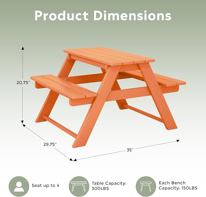 WestinTrends Malibu Outdoor Patio and Indoor Kids HDPE Plastic Picnic Bench Table, Orange