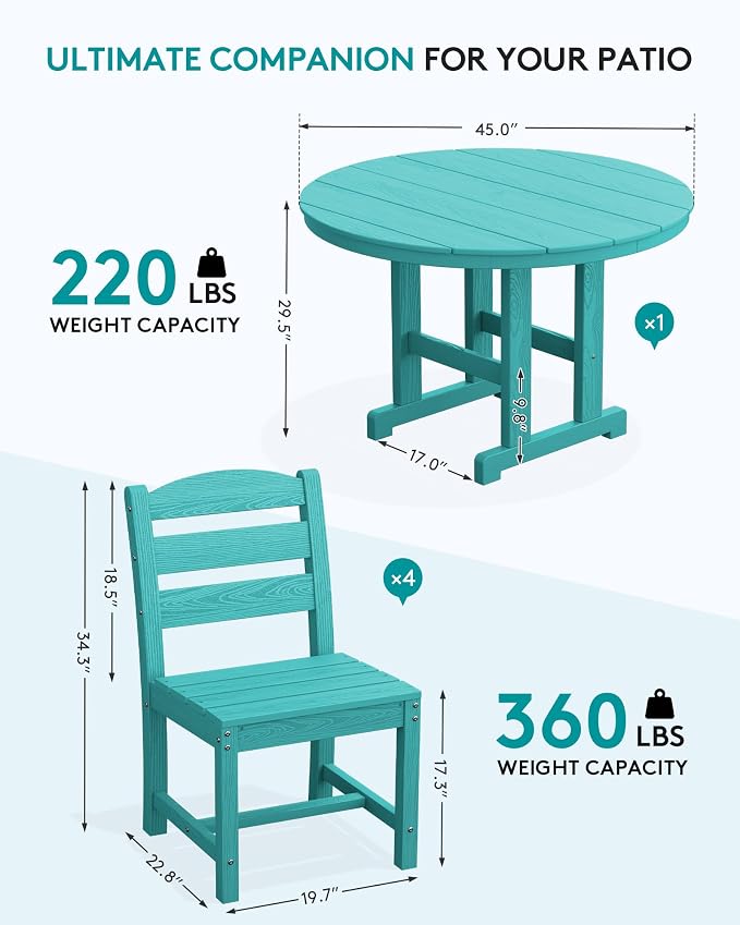 SERWALL 5-Piece Patio Dining Sets, HDPE Outdoor Table and Chairs Furniture Set, 45" Round Dining Table and 4 Armless Dining Chairs, Aruba