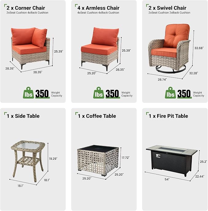 11 Pcs Patio Furniture with Fire Pit Table, Outdoor Rattan Wicker Conversation Set with Glowing Coffee Table, Comfy Sectional Sofa for Porch Balcony Backyard Pool, Orange