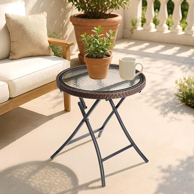 Round Rattan Folding Patio Side Tables with Tempered Glass Table Top, Portable & Lightweight Compact Foldable Wicker End Table Coffee Table for Poolside Lawn Garden Balcony