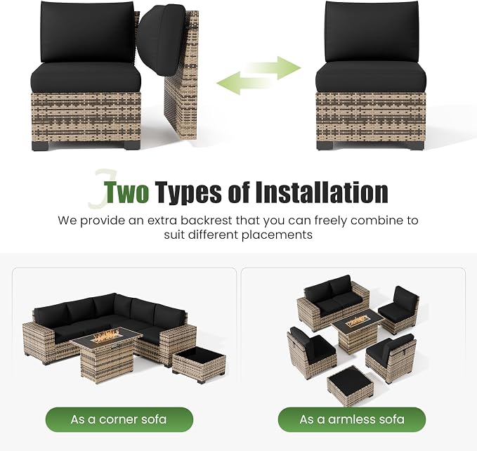 UDPATIO Patio Furniture Set with Fire Pit Table, 8 Inch Armrest Outdoor Sectional Sofas, 8 Piece All-Weather Wicker Conversation for Garden, Backyard