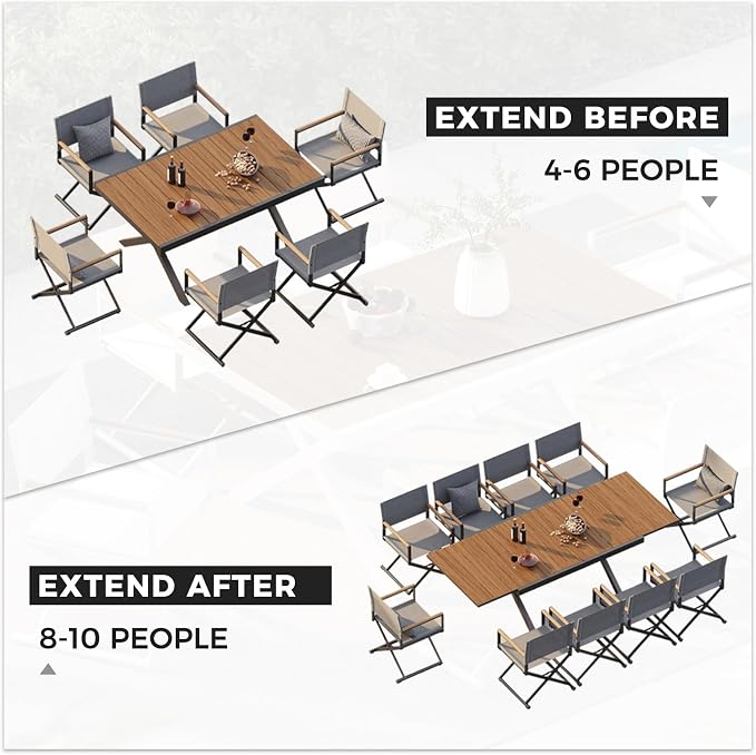 Grand patio Expandable Patio Dining Table, Extra Large 94.5" L x 37" W Outdoor Dining Table for 6-10 Person Wood Grain Rectangular Patio Table with E-Coating for Garden Porch Deck, Black