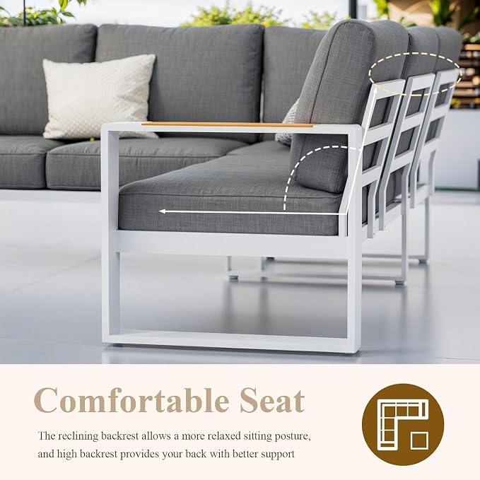 Aluminum Patio Furniture Set, All-Weather Outdoor Couch Sectional, L Shaped Patio Conversation Sets, Metal Corner Sofa with Teak Coffee Table(Cushion: Dark Gray, White Frame)