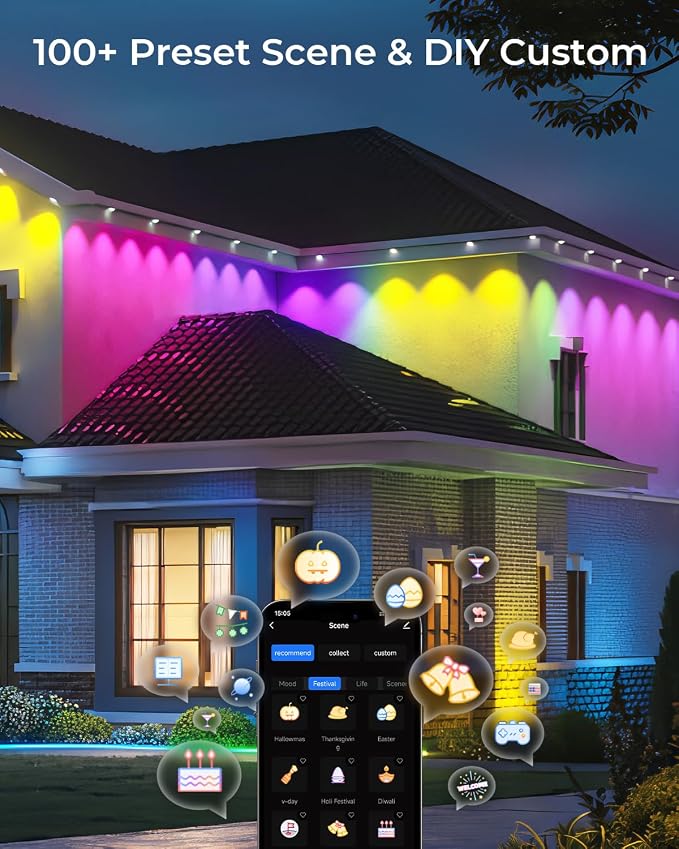 CINOTON Permanent Outdoor Lights 100ft, Smart RGBW+IC Eaves Lights with 60LEDs, IP67 Waterproof, 111 Scene Modes for Daily and Festival, Halloween Christmas Holiday Decor, APP/Voice/Remote Control