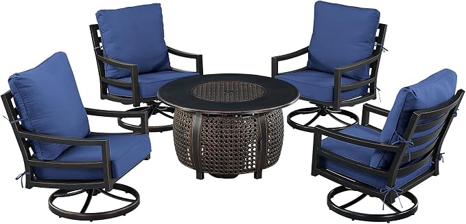 Oakland Living Black Aluminum Patio Fire Table Set with Four Club Chairs with Blue Cushions