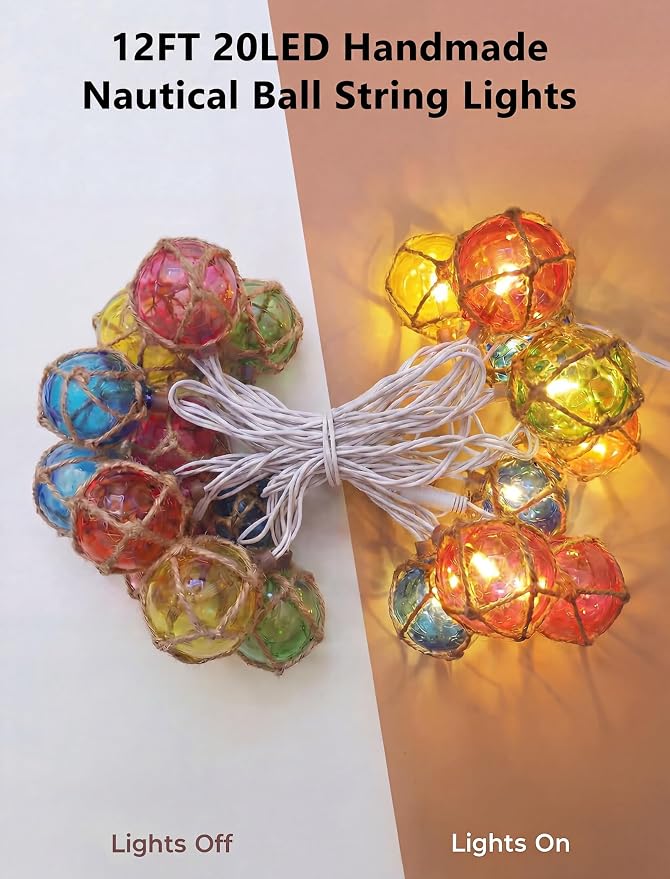 Nautical String Lights Plug in, 12FT 20 LED Tiki Bar Lights with Fishing Float Buoy, UL Certified Waterproof Patio Lights for Beach Party, Coastal Camping Home Indoor Outdoor Summer Decor