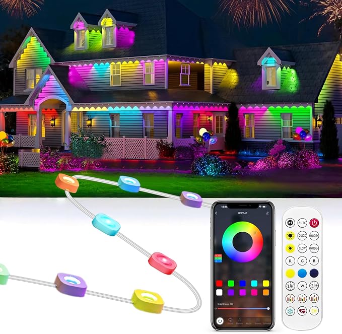 Gaoxun 150ft Permanent Outdoor Lights, RGBW Smart Outdoor Lights for House with 54 LED, APP/Remote Control, 47 Scene Modes, Timer, IP67 Waterproof Eaves Lighting for Daily Holiday Christmas Decors