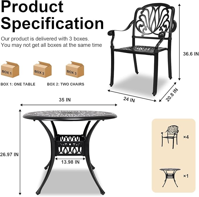 Cast Aluminum Dining Set 5 Piece Outdoor, Patio Conversation Furniture Set, Patio Table and Chairs Set of 4 for Garden Backyard, Black