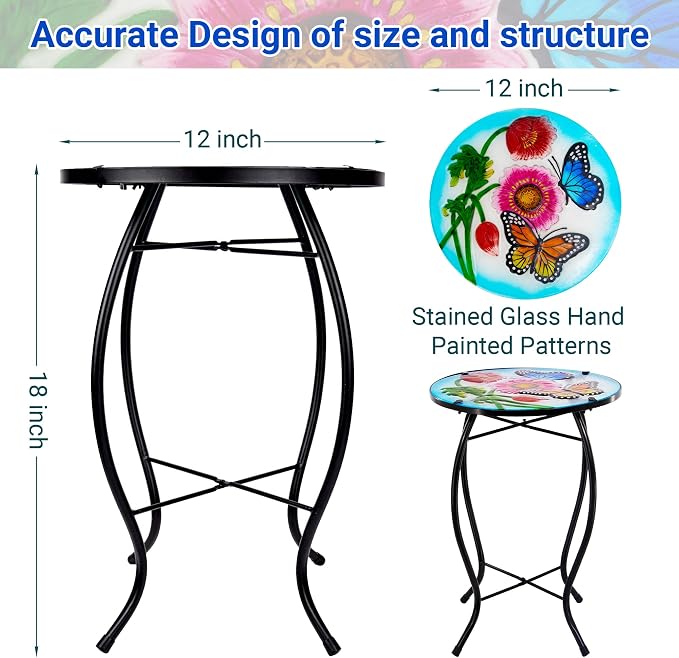 12 Inch Round Butterfly Glass Side Table, Patio Small Table, Outdoor Side Table, Outdoor Bar Table, Metal Glass End Table for Porch Garden Patio Pool Living Room