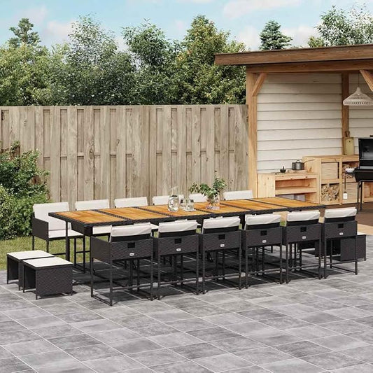 17 Piece Outdoor Patio Dining Set Black and Brown, UV-Resistant Rattan Garden Furniture with Foldable Stackable Design, Large Family Table and High-Back Chairs for 16-Person Frame, Easy Assembly