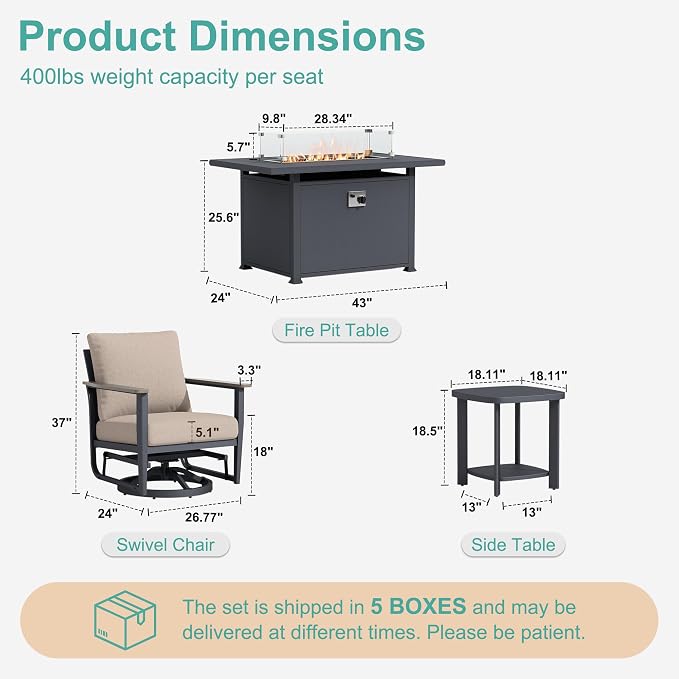 10Pcs Patio Rocking Swivel Chair with 55,000 BTU Fire Pit Table Outdoor Aluminum Bistro Set with Coffee Table, Patio Furniture Set with High Backrest & Thickened Cushions, Sand