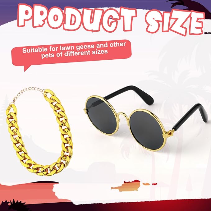 Shyyween Chain Collar and Sunglasses Porch Goose Outfits for Plastic Goose 23"/ 17'' Lawn Geese Statue Sunglasses Collar for Garden Geese Retro Pet Cosplay Party Yard (Gold,No Rhinestone)