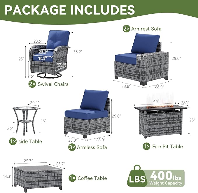 LazySunsets 10 PCS Patio Furniture Set with 44'' Fire Pit Table, Outdoor Sectional All-Weather Wicker Conversation Set with Swivel Rocker Chairs, 4'' Thick Cushions for Backyard Poolside, Navy/Grey