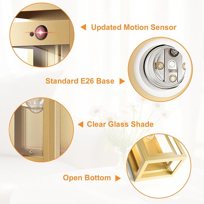 15" Motion Sensor Gold Outdoor Light Fixture Wall Mount, 3 Lighting Modes Waterproof Anti-Rust Wall Sconces, 2 Pack Exterior Lighting Fixtures for Front Door, Porch, Garage