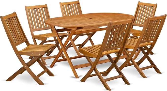 East West Furniture DIDK7CWNA 7 Piece Patio Dining Set Consist of an Oval Outdoor Acacia Wood Table and 6 Folding Side Chairs, 36x60 Inch, Natural Oil
