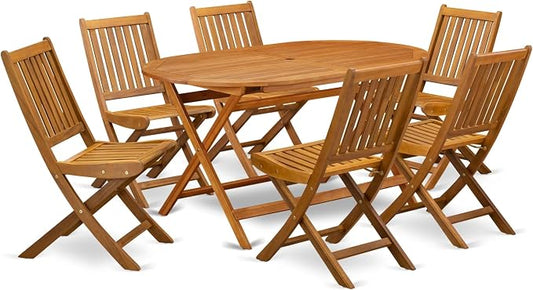 East West Furniture DIDK7CWNA 7 Piece Patio Dining Set Consist of an Oval Outdoor Acacia Wood Table and 6 Folding Side Chairs, 36x60 Inch, Natural Oil