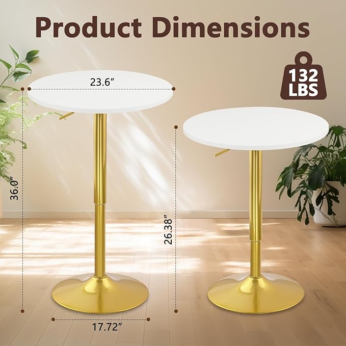 CLATINA Round Bar Pub Table, 26"-36" Height Adjustable Bistro Tables with Gold Base, 360°Swivel High Top Cocktail Table for Home Kitchen Party Drink Restaurant Wedding Cafe Office Reception,White,2PK