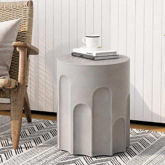 SUNBURY Outdoor Side Table, 15" W Small Outdoor End Table, Concrete Side Tables w Chessboard, Lightweight MgO Round Patio Side Tables, Garden Stool Plant Stand for Yard, Front Porch, Grey