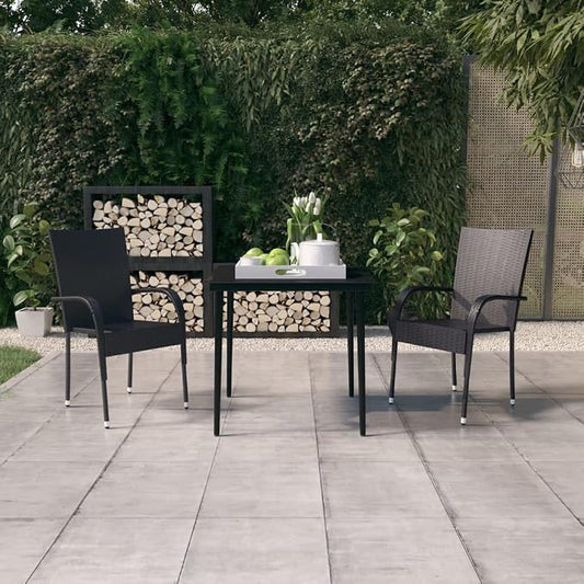 3 Piece Patio Dining Set Black Outdoor Bistro Table and Chairs for Garden Balcony Porch Deck with Glass Top PE Rattan and Steel Frame