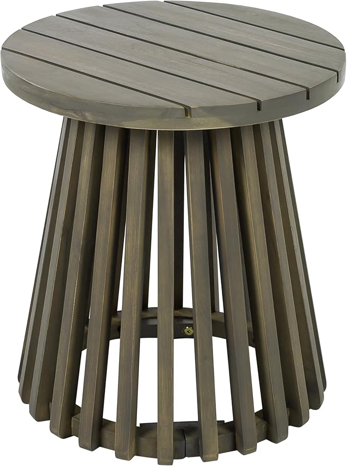 Merax Outdoor Acacia Wood Coffee Table 15.75" Round Patio Side Table for Backyard Lawn Balcony, Aesthetic Slat Base Design (Grey Finish)