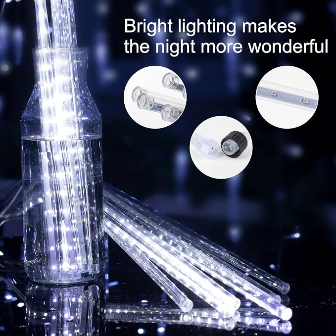 Brightown Meteor Shower Lights Outdoor, 16 Inches 16 Tubes 576 LED Icicle Lights, Waterproof Meteor Christmas Light, Hanging Falling Rain Light for Tree Bushes Holiday Party Christmas Decor,White