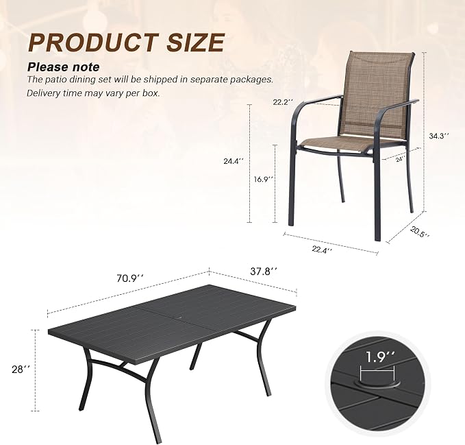 VICLLAX 9 Pieces Patio Outdoor Dining Set, 70" Outdoor Rectangular Metal Dining Table with Umbrella Hole and 8 Stackable Textilene Chairs for Lawn, Garden, Porch, Black/Brown